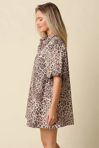 Harper Leopard Puff Sleeve Mini Dress: BEIGE LEOPARD / S.
