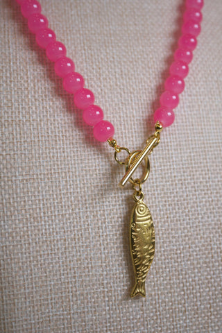 Pink Beaded Fish Pendant Necklace styled on neck - House of Me boutique Norman OK