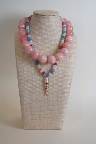 Pink Multicolor Beaded Fish Pendant Necklace flat lay - House of Me boutique Norman OK