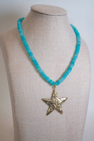 Blue Beaded Star Necklace side view styled - House of Me boutique Norman OK