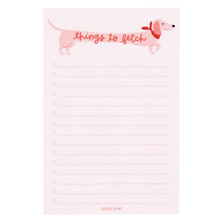 A 4x6 notepad featuring a dachshund design with lined pages and checkboxes.