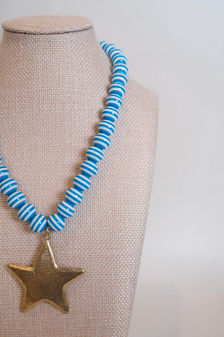 Blue Striped Star Pendant Necklace detail close up - House of Me boutique Norman OK