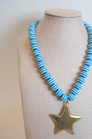 Blue Striped Star Pendant Necklace side angle view - House of Me boutique Norman OK
