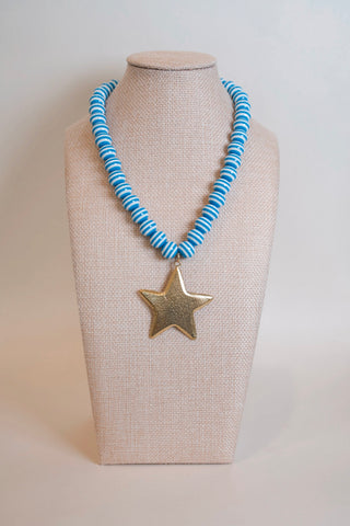 Blue Striped Star Pendant Necklace nautical blue white striped beaded star charm Hart Designs - House of Me boutique Norman OK
