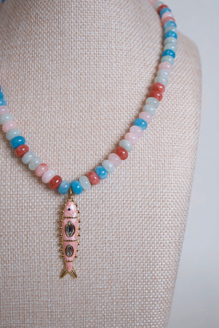 Pink Multicolor Beaded Fish Pendant Necklace on neck - House of Me boutique Norman OK