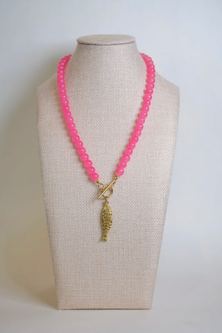 Pink Beaded Fish Pendant Necklace handmade pink beaded enamel fish charm Hart Designs - House of Me boutique Norman OK