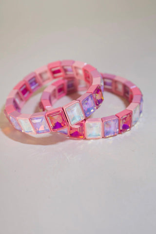Light Pink Multi Bowie Bracelet iridescent square-cut glass stone stretch bracelet Taylor Shaye - House of Me boutique Norman OK