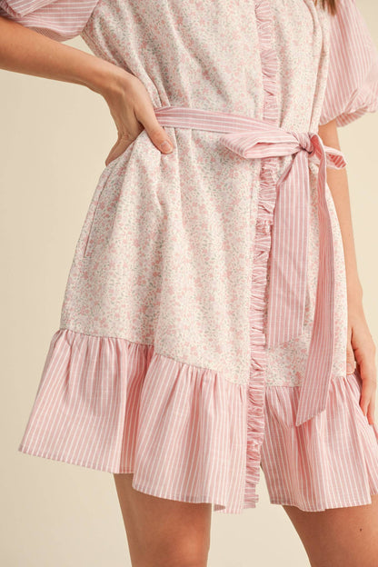 Mixed Print Ruffled Mini Dress