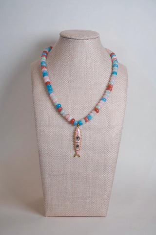 Pink Multicolor Beaded Fish Pendant Necklace side view - House of Me boutique Norman OK
