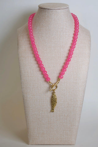 Pink Beaded Fish Pendant Necklace detail close up - House of Me boutique Norman OK