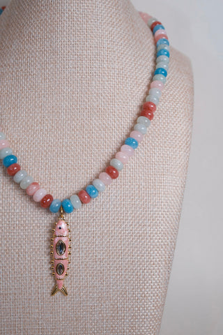 Pink Multicolor Beaded Fish Pendant Necklace handmade enamel fish charm necklace Hart Designs - House of Me boutique Norman OK