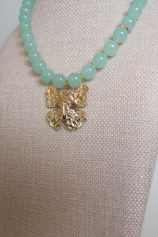 Green Beaded Butterfly Necklace detail close up - House of Me boutique Norman OK