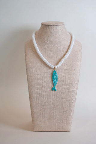 White Beaded Fish Pendant Necklace handmade enamel fish charm necklace Hart Designs - House of Me boutique Norman OK
