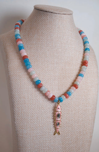 Pink Multicolor Beaded Fish Pendant Necklace detail close up - House of Me boutique Norman OK