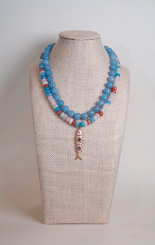 Pink Multicolor Beaded Fish Pendant Necklace styled look - House of Me boutique Norman OK