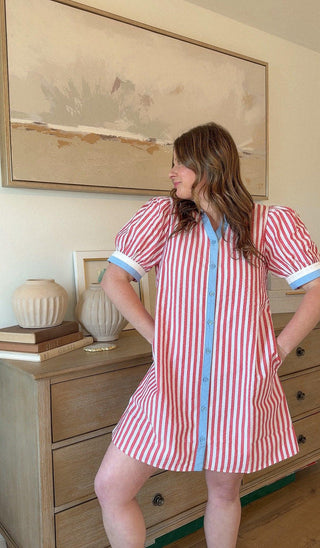 Liberty Striped Patriotic Shift Dress styled on model - House of Me boutique Norman OK
