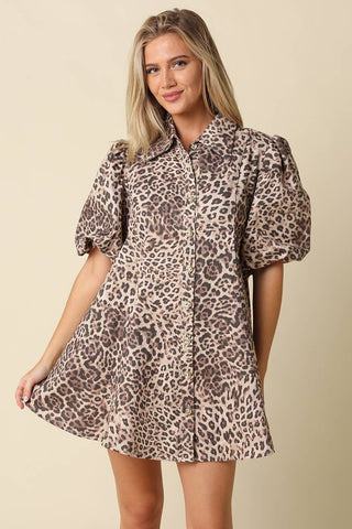 Harper Leopard Puff Sleeve Mini Dress: BEIGE LEOPARD / S.