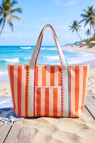 Georgia Orange Striped Canvas Tote Bag spacious everyday carry bag - House of Me boutique Norman OK