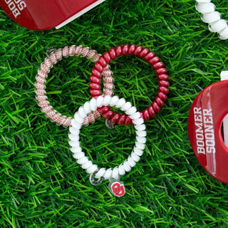 Boomer Sooner OU small spiral hair ties by Teleties close up view - House of Me boutique Norman OK