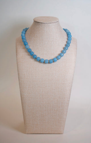 Blue Beaded Statement Necklace styled on neck - House of Me boutique Norman OK