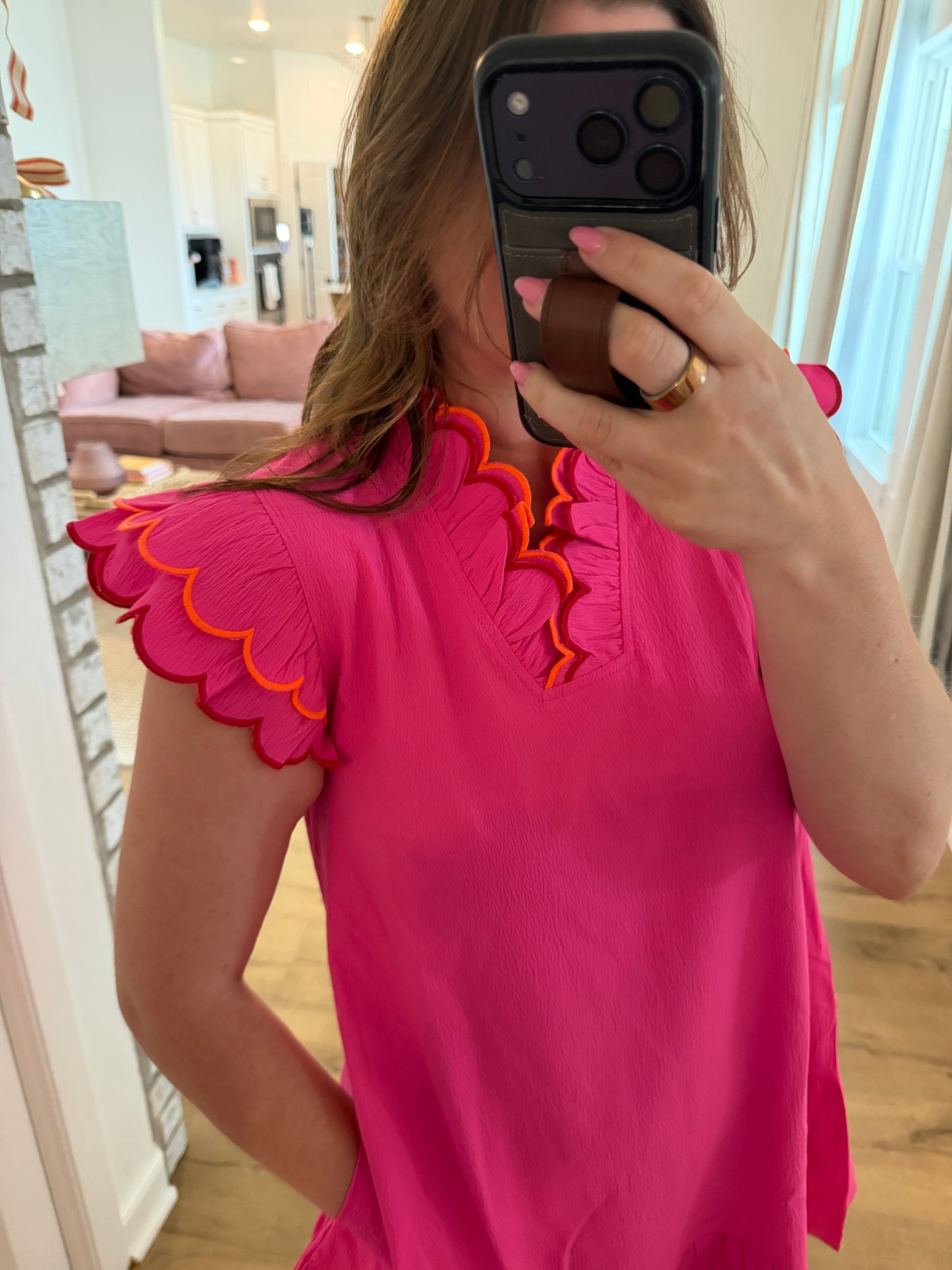 Embroidered Scallop Ruffle Mini Dress