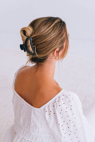 Jet black medium open hair clip by Teleties close up view - House of Me boutique Norman OK