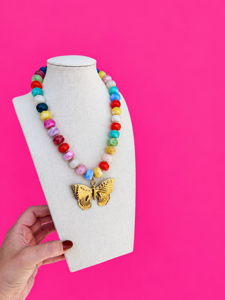 Multi bead necklace with butterfly charm by Golden Lily - House of Me boutique Norman OK