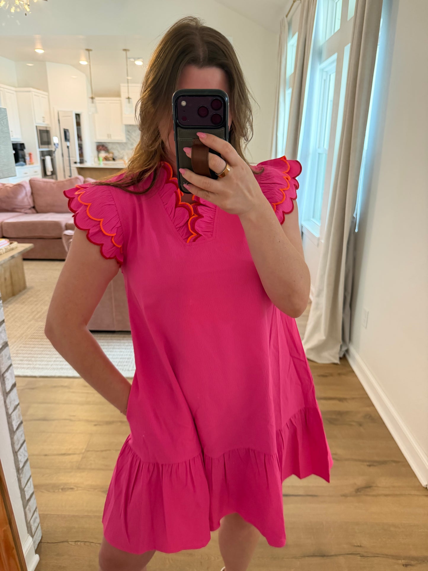 Embroidered Scallop Ruffle Mini Dress
