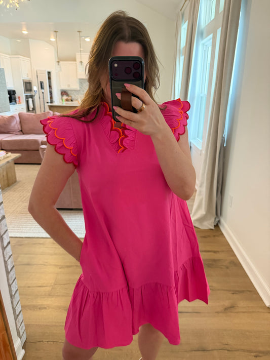 Embroidered Scallop Ruffle Mini Dress