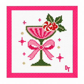 Making Spirits Bright martini Christmas needlepoint canvas with pink bow by Duo Threads - House of Me boutique Norman OK