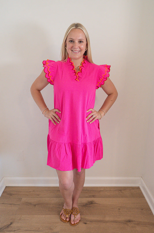 Embroidered Scallop Ruffle Mini Dress