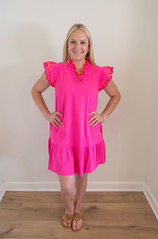 Embroidered Scallop Ruffle Mini Dress