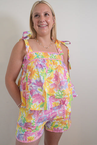 Floral Tie Shoulder Top and Shorts Set