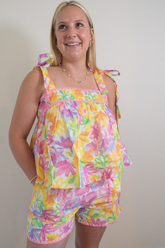 Floral Tie Shoulder Top and Shorts Set