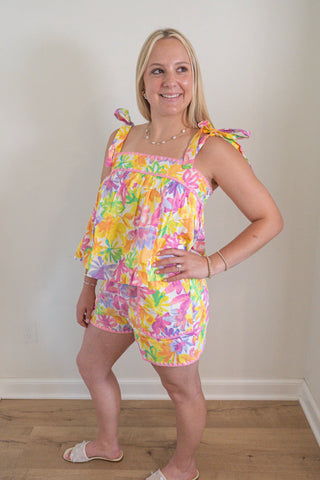 Floral Tie Shoulder Top and Shorts Set