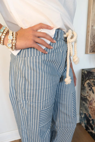 Coastal Stripe Utility Wide-Leg Denim Pants