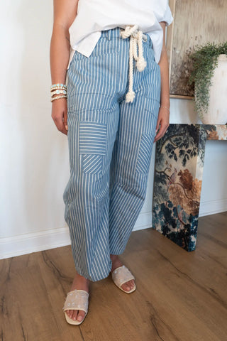 Coastal Stripe Utility Wide-Leg Denim Pants
