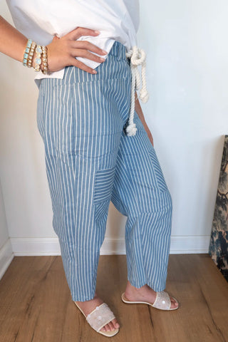Coastal Stripe Utility Wide-Leg Denim Pants