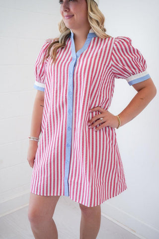 Liberty Striped Patriotic Shift Dress detail shot - House of Me boutique Norman OK