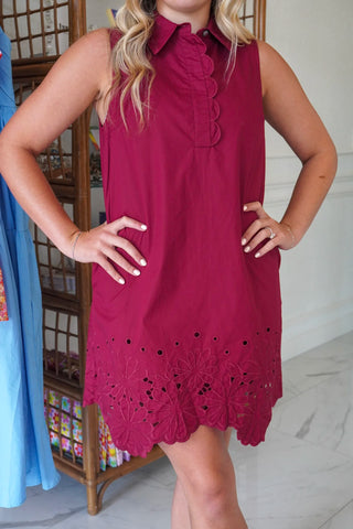 Wine Sleeveless Embroidered Hem Dress styled on model - House of Me boutique Norman OK