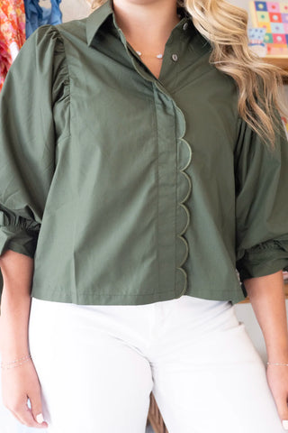Army Green Puff Sleeve Top with Scallop Trim & Tie Cuffs back view - House of Me boutique Norman OK