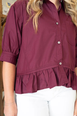 Merlot Oversized Ruffle Hem Button-Up Top back view - House of Me boutique Norman OK