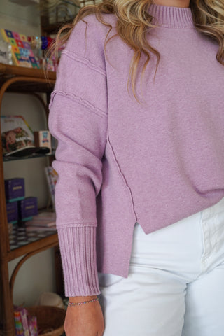 Lavender Drop Shoulder Oversized Sweater styled on model - House of Me boutique Norman OK