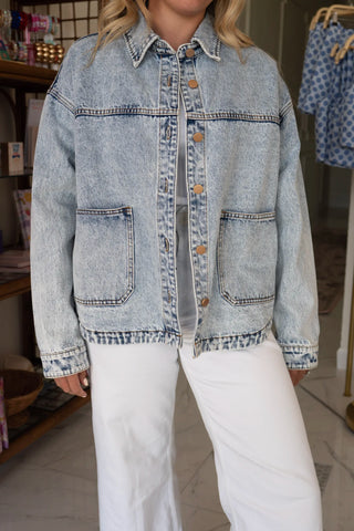 Washed Denim Jacket with Double Pockets and Back Pleat back view - House of Me boutique Norman OK