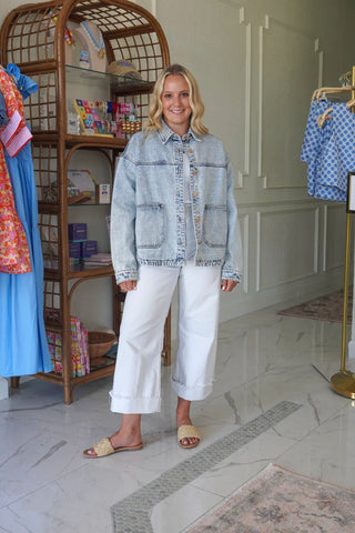 Washed Denim Jacket with Double Pockets and Back Pleat front view - House of Me boutique Norman OK