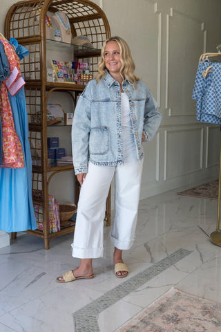 Washed Denim Jacket with Double Pockets and Back Pleat detail view - House of Me boutique Norman OK