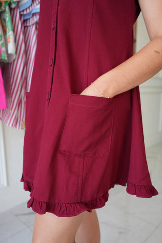Lina Ruffle Trim Shirt Mini Dress: Burgundy