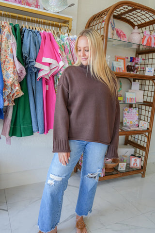 Mock Neck Pullover Sweater with Roll Detail