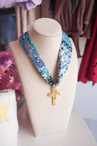 Scarf necklace with gold cross 