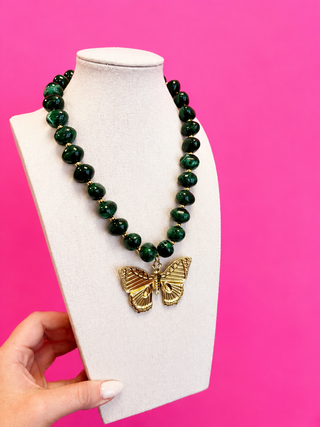 Green bauble bead necklace with butterfly by Golden Lily - House of Me boutique Norman OK